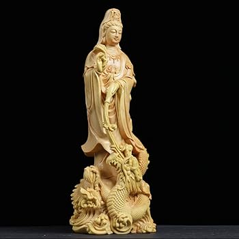 【お値下げ】木彫　観音菩薩　木製　龍　彫刻　仏像　天女　置物　オブジェ Amazon｜観音像 龍乗観音 観音菩薩 仏像 木彫り 置物 仏壇仏像